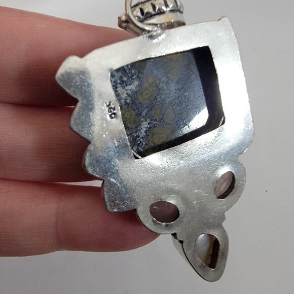 Handmade Silver Pendant with Ocean Jasper, Rose Quartz & Pearl - Picture 3 of 10